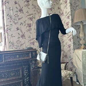Long Black Dress Casual upscale Low Scoop back Cape Detail 3/4 sleeves Pullover